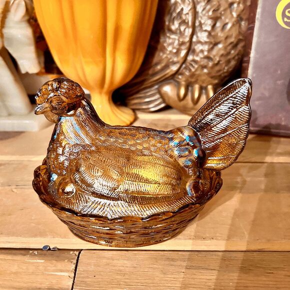 Vintage Mosser / L.G. Wright Carnival Amber Glass Hen on Nest – 7” - Picture 1 of 6